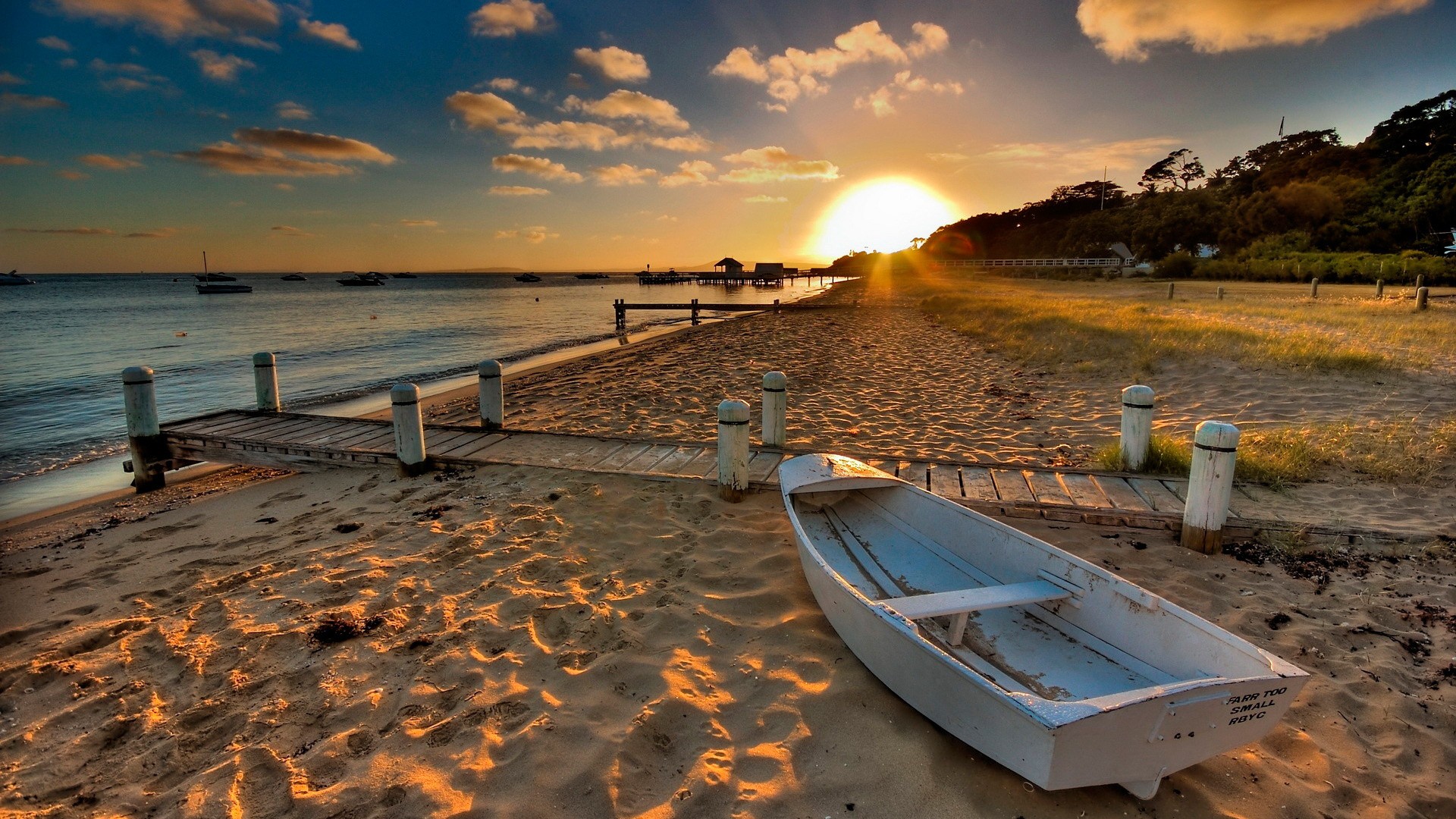 A beach at sunset